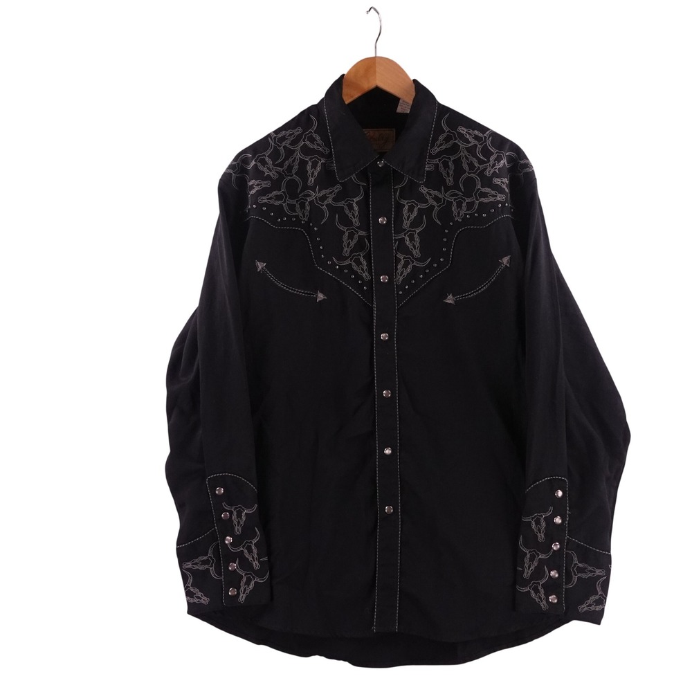 Scully Mens  Large Western Peral Snap Shirt Black Steer Skull Embroidery P-912
